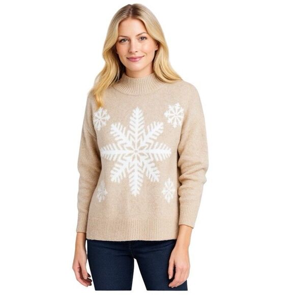 Loft Snowflake Sweater Women XL Beige Mock Neck Winter Ski Apres Cozy Casual - Picture 1 of 12